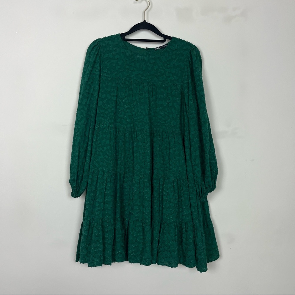 NWOT ZARA TEXTURED TIERED MINI DRESS WITH SLEEVES IN GREEN SIZE XS - Picture 6 of 16